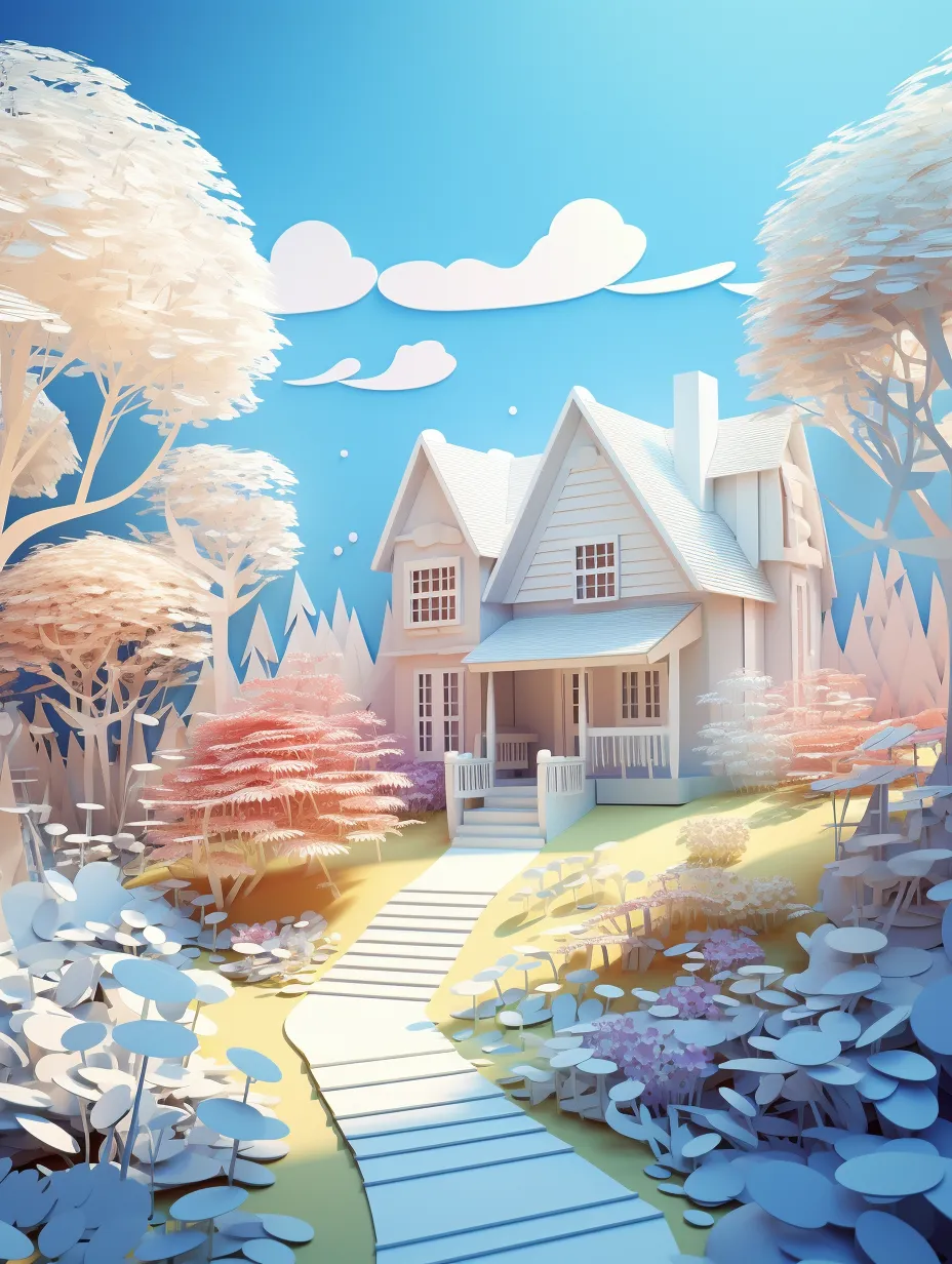 Log cabin, pathway, small garden, paper-cut style, 3D, beige and light blue color scheme, clean background, created by artist Vera Naixin, simple illustration, 8K resolution, UHD, top quality, optimal image clarity.