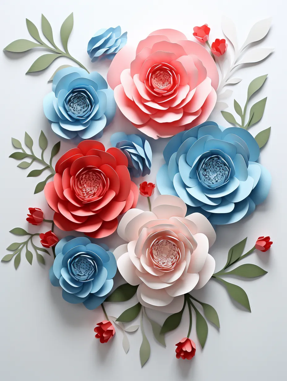 Rose flowers in a paper-cut style, featuring a 3D design of roses and peonies in white and light blue hues, set against a clean background. Created by artist Vera Nayin, this elegant illustration showcases 8K UHD quality, providing an exceptional visual experience.