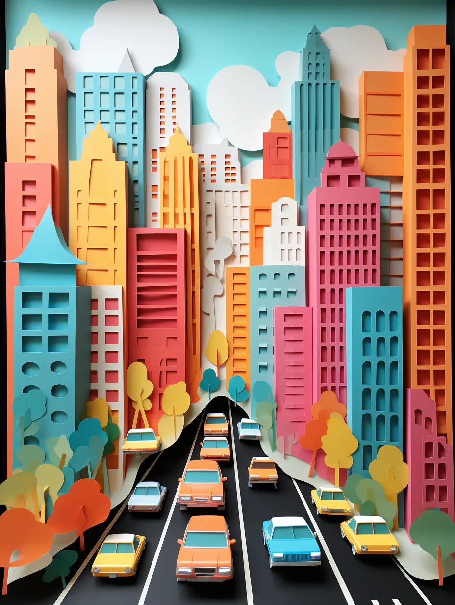 Paper-cutting art, urban landscapes, cars, skyscrapers, aesthetic, cartoonish, transportation, illustrations, simplicity, elegant color palette, shiny and glossy, luminous, bright texture, radiant.