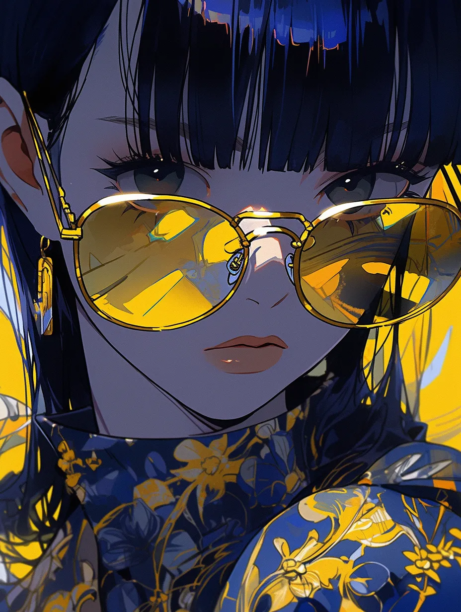 A girl with oversized sunglasses, close-up portrait, ghoul punk style, inspired by Chinese comics, print-quality, featuring deep blue and yellow tones, comic art, high quality, and exquisite detail.