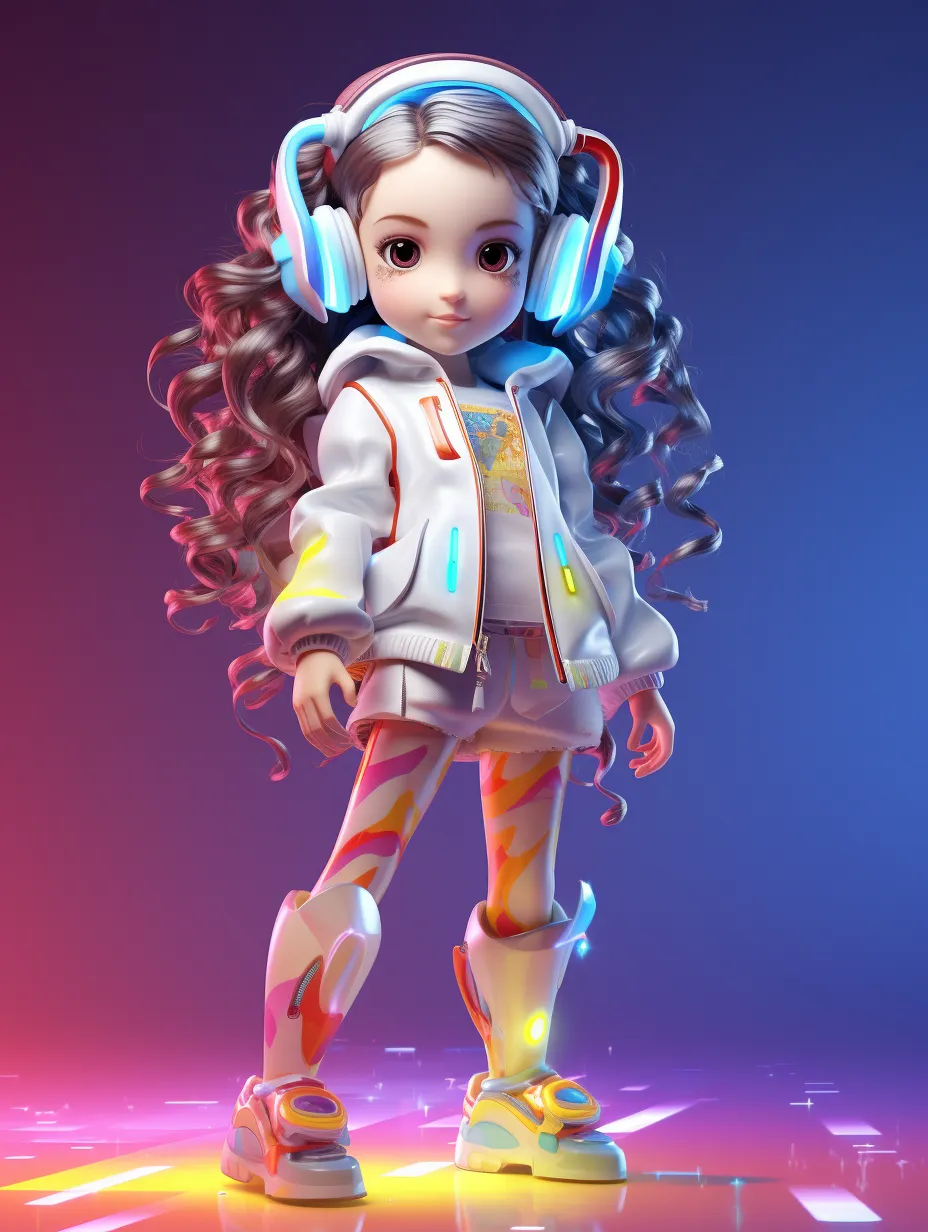 A cartoon figurine of a little girl with vibrant, long hair, dressed in a holographic jacket and white shorts, showcasing fair skin and blue eyes. She wears white sneakers and is surrounded by holographic colors that evoke a futuristic, high-end atmosphere. This full-body shot, created in 3D using 3D Max with OC rendering, captures her in a panoramic view with exceptional quality and image clarity, set against a black, high-reflective backdrop under cinematic lighting effects.