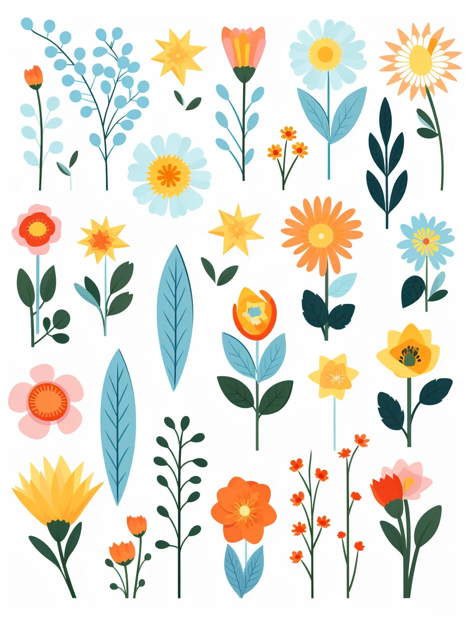 A variety of flowers and plants, stickers, simple, flat, vector design, featuring a harmonious color palette, created using Adobe Illustrator.