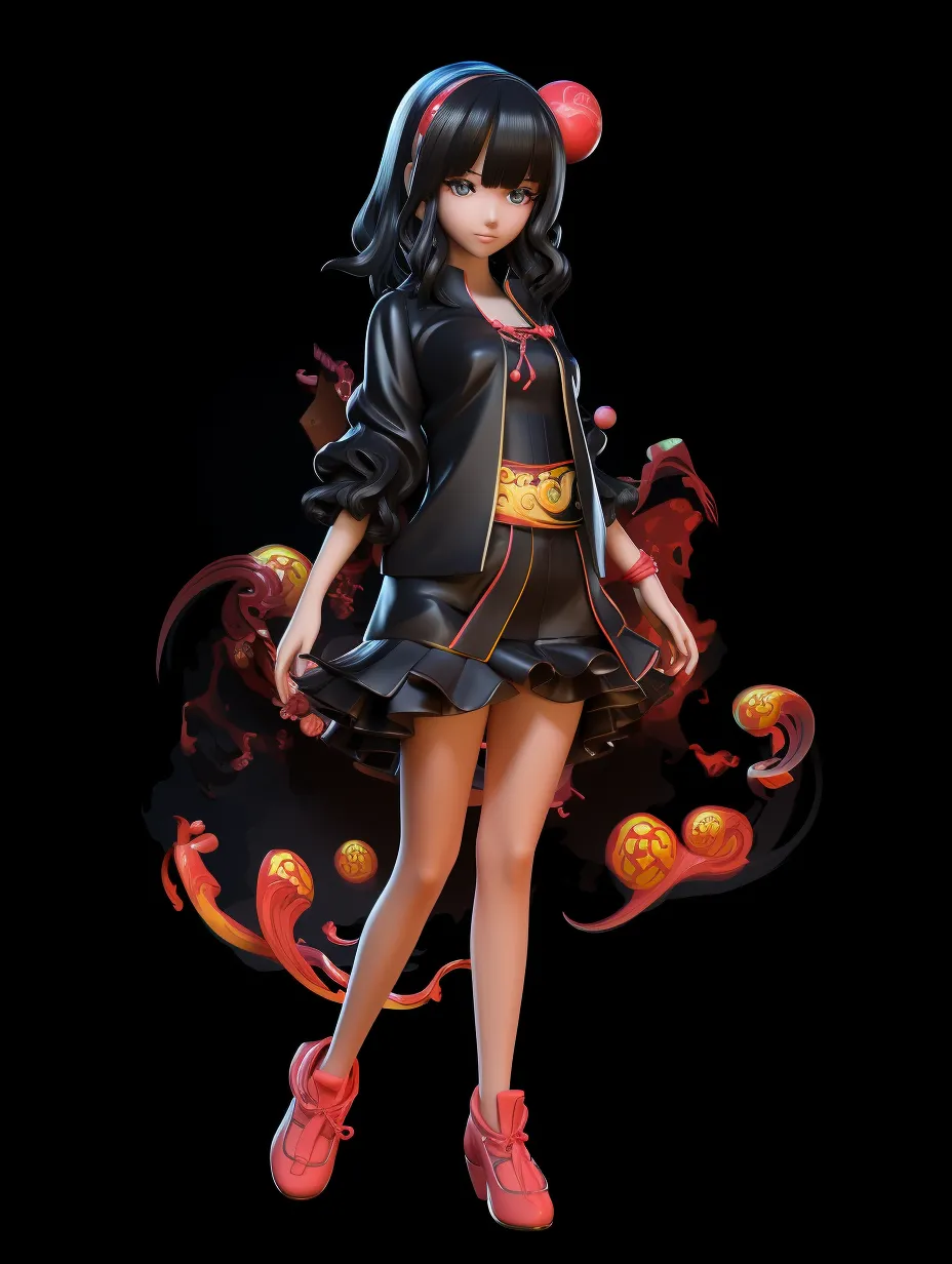 A vibrant and colorful 3D cartoon Chinese girl, 18 years old, depicted in a magical style and rendered in 3D using C4D. She is set against a minimalist, high-reflective black background with a matching black floor. The shot captures her full body, facing the camera.