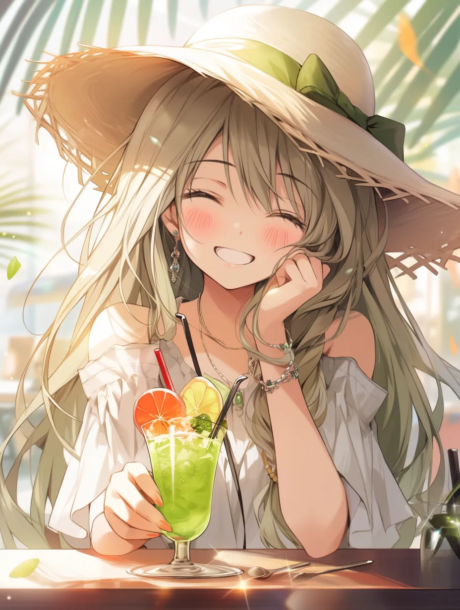 A beautiful anime girl with long hair is joyfully laughing, exuding charm as she wears summer attire and sips orange juice. In shades of cyan and green, she appears lively and playful, styled in anime fashion with a shiny, lustrous look. The artwork showcases strong contrasts of light and shadow, thick brushstrokes, UHD quality, and exceptional visual fidelity.