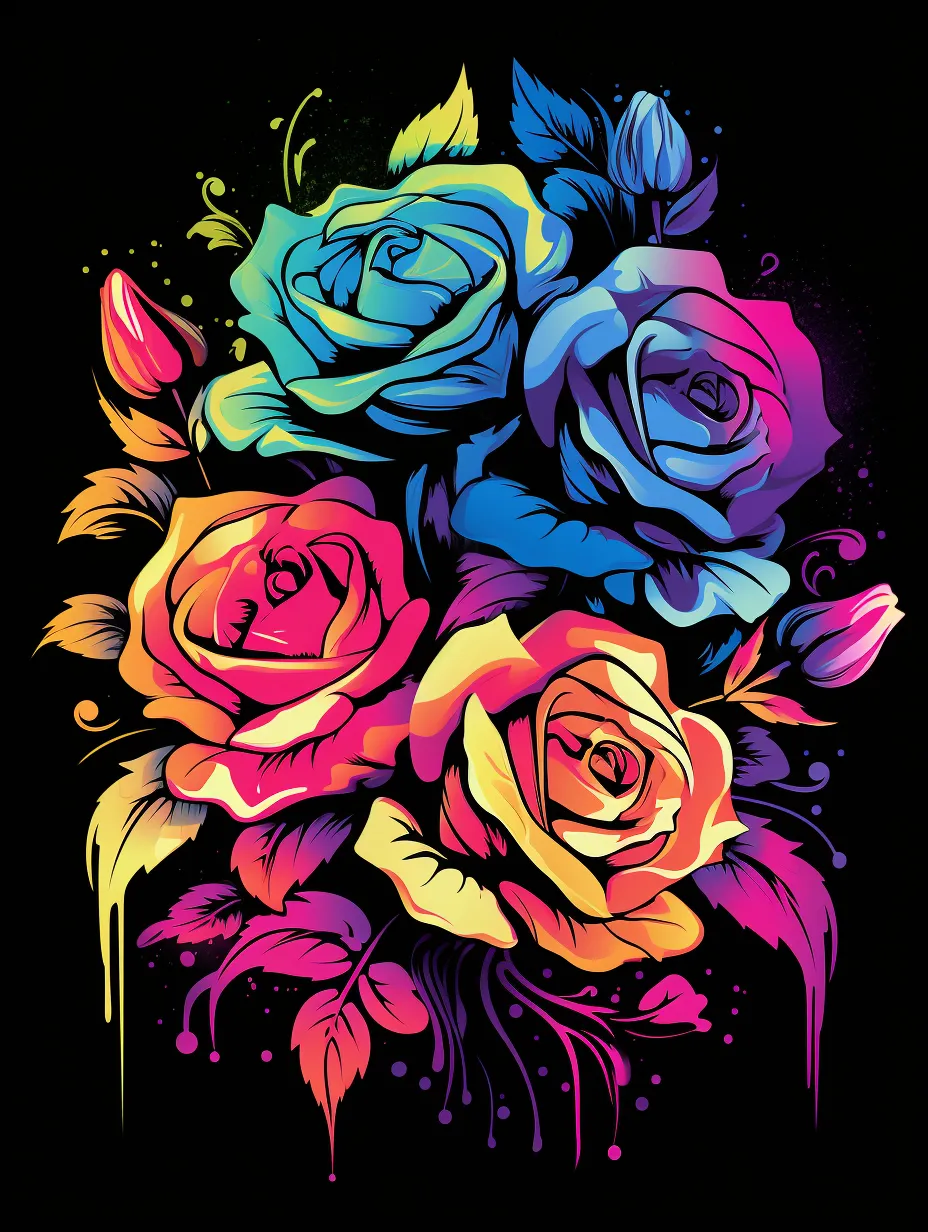 T-shirt design featuring a vibrant vector illustration of rose flowers with a colorful gradient, set against a black background. This artwork boasts optimal image quality and premium craftsmanship.