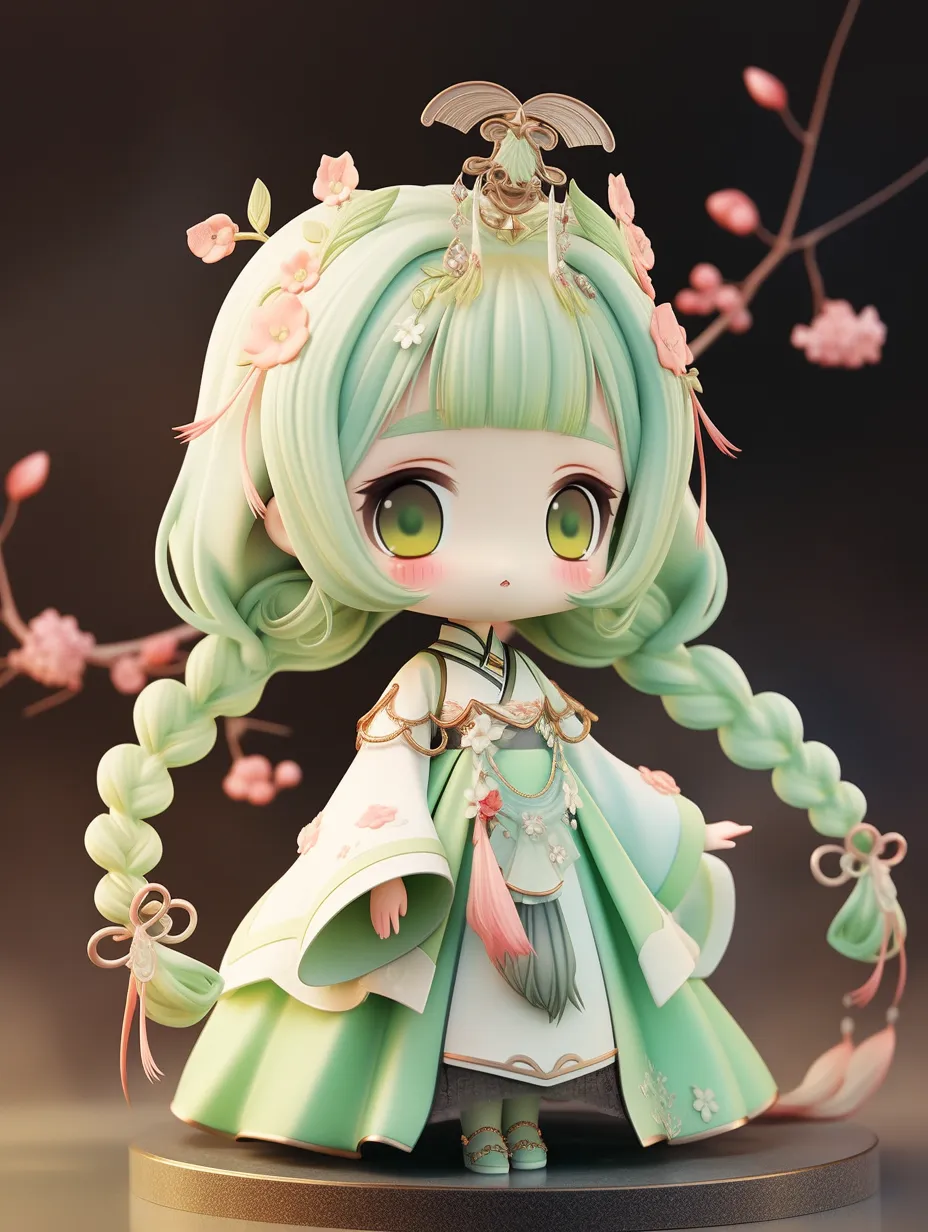 A delightful 3D blind box figure of an adorable little girl, featuring a charming and whimsical design inspired by traditional Chinese aesthetics. She possesses delicate facial features, exquisite makeup, large eyes, and a round, cherubic face, complemented by light green hair and brown eyes. Dressed in a white dress, she is portrayed in full body against a pristine background with soft lighting. This character design reveals captivating details in 16K resolution, crafted using 3D, C4D, Blender, and OC rendering techniques to ensure the utmost quality.