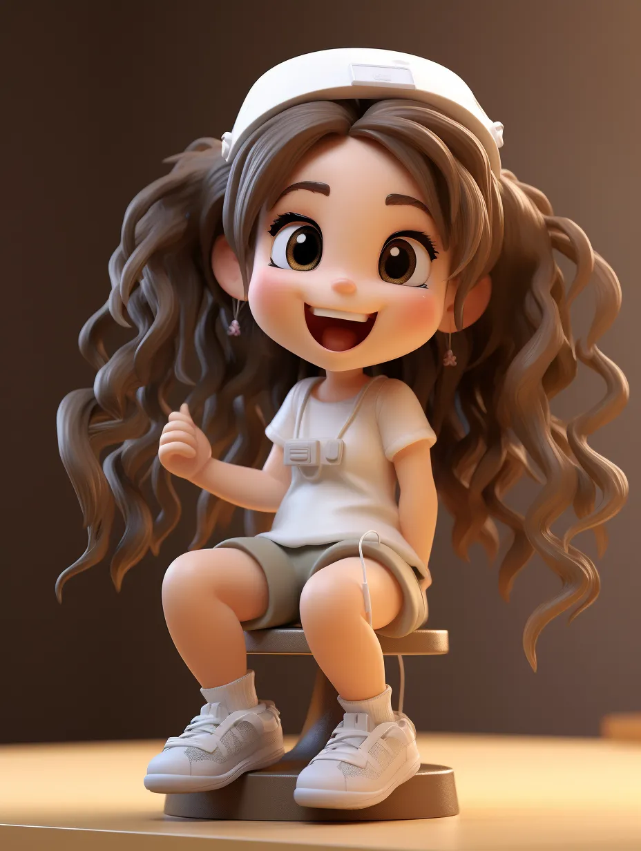 A 3D cartoon girl with big brown eyes and long hair styled in a traditional Chinese manner is joyfully laughing while sitting on a stool. She is dressed in a white dress and shorts, paired with white sneakers. The scene is designed in a blind box style, inspired by Pop Mart, featuring a color palette of off-white and beige. It boasts a clean background and studio lighting, presented in ultra-high definition and top-notch quality.