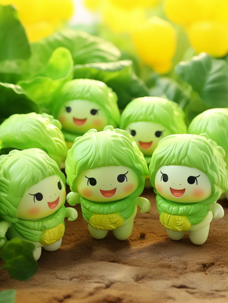 Vegetable 3D Blind Box featuring adorable, cartoonish expressions that evoke human emotions. This product includes a charming cabbage design, inspired by the blind box concept and elements from Pop Mart. It showcases a 3D cabbage with studio lighting that accentuates its realistic PVC texture. Presented in ultra-high definition with outstanding quality, it features 4K post-processing and meticulous 3D rendering. The design is glossy and smooth, set against a highly reflective black backdrop with a simple black ground.