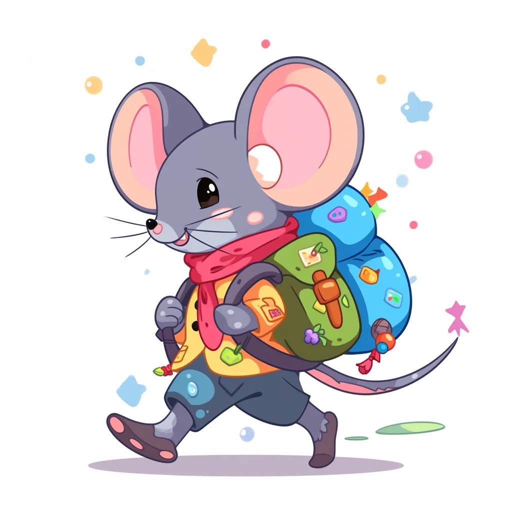 A gray mouse with a backpack.