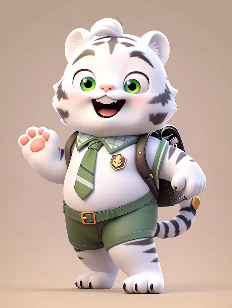 A delightful cartoon white tiger dressed in overalls waves at the camera. This IP character design showcases a minimalist, shiny, and glossy aesthetic reminiscent of Pop Mart. The character is fully rendered in an enchanting cartoon style, crafted from clay materials and presented in 3D using C4D and OC rendering. The background is simple yet enhanced by intricate details, ensuring the highest quality with optimal noise reduction.