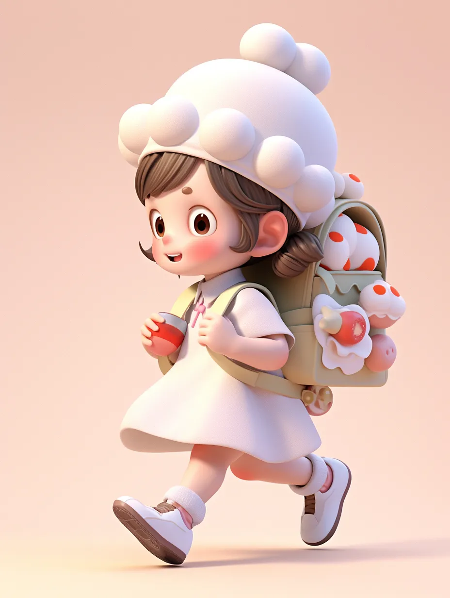 A 3D little girl in a white dress and sneakers, carrying a small backpack, sporting a bun hairstyle. This character is designed in a cartoon style, inspired by blind boxes and Pop Mart, and crafted from clay. The background is clean, featuring studio lighting, and is presented in ultra-high definition with exceptional quality, resembling studio-grade visuals.