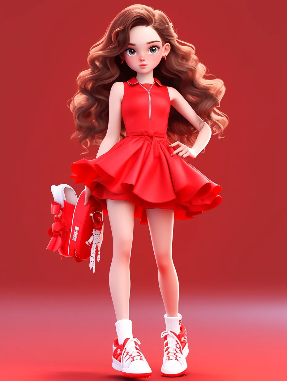 A beautifully crafted 3D girl in a fluffy skirt, exquisite and adorable, with a cheerful smile, wearing red sneakers. This 3D cartoon figure is reminiscent of a blind box design from Pop Mart and is made from clay. The 3D rendering boasts a shiny, glossy finish that enhances its realism. Against a pristine background with studio lighting, this ultra-high-definition presentation showcases exceptional quality and studio-grade details.