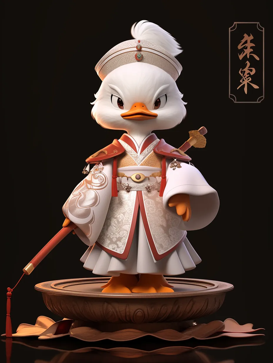 A delightful duck adorned in silk attire from the Ming Dynasty, set against a white backdrop. This full-body, 3D model highlights traditional Chinese culture, designed as a blind box toy. It boasts cinematic lighting and studio-quality craftsmanship.