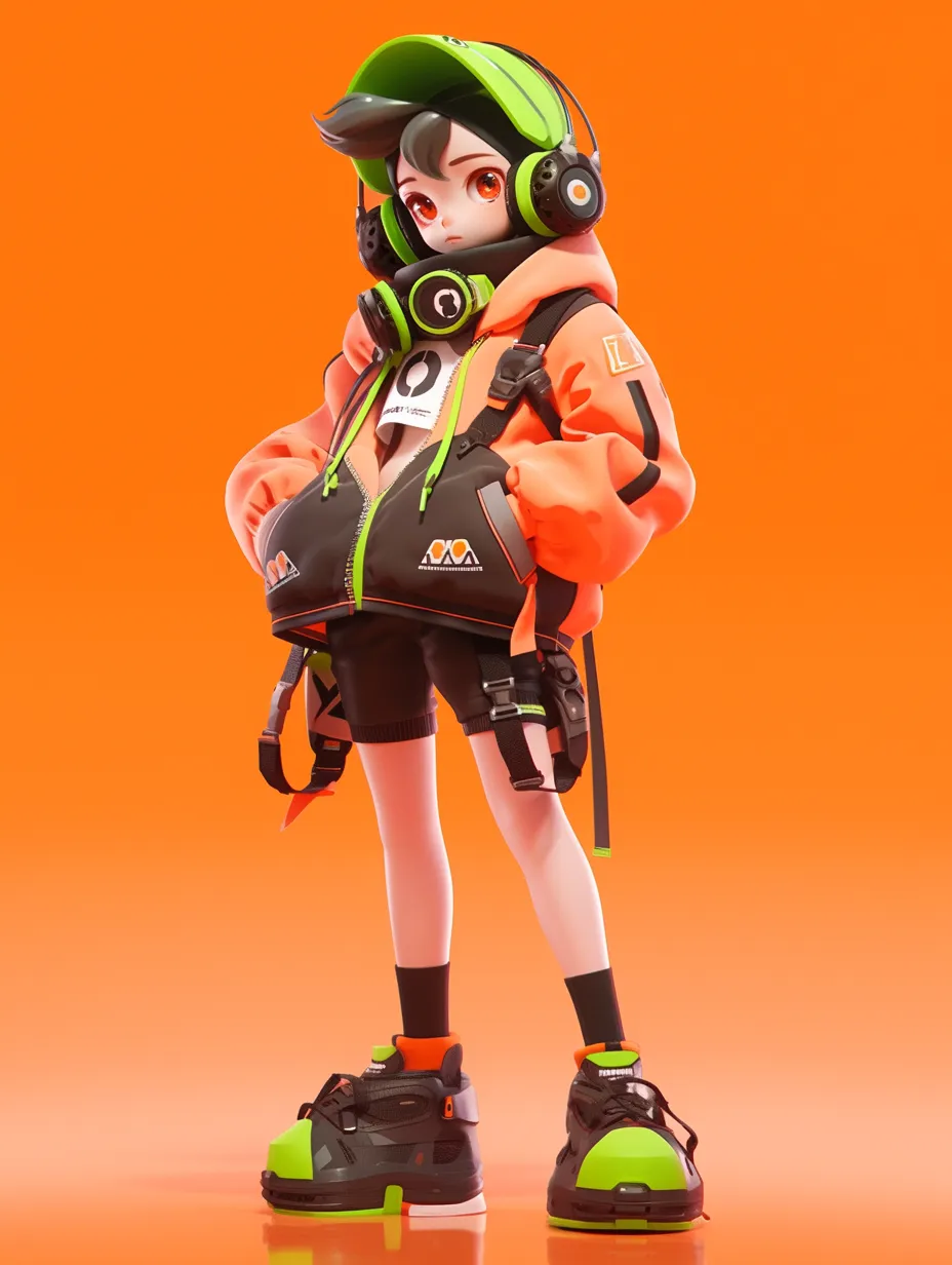 A 3D girl in a blind box style, inspired by Behance, featuring large eyes and a cherry-like mouth. She is depicted in full body, facing the camera, dressed in sportswear and headphones, set against a clean background. The rendering boasts the highest quality with rich details, utilizing 3D OC rendering, C4D, and smooth 3D techniques.