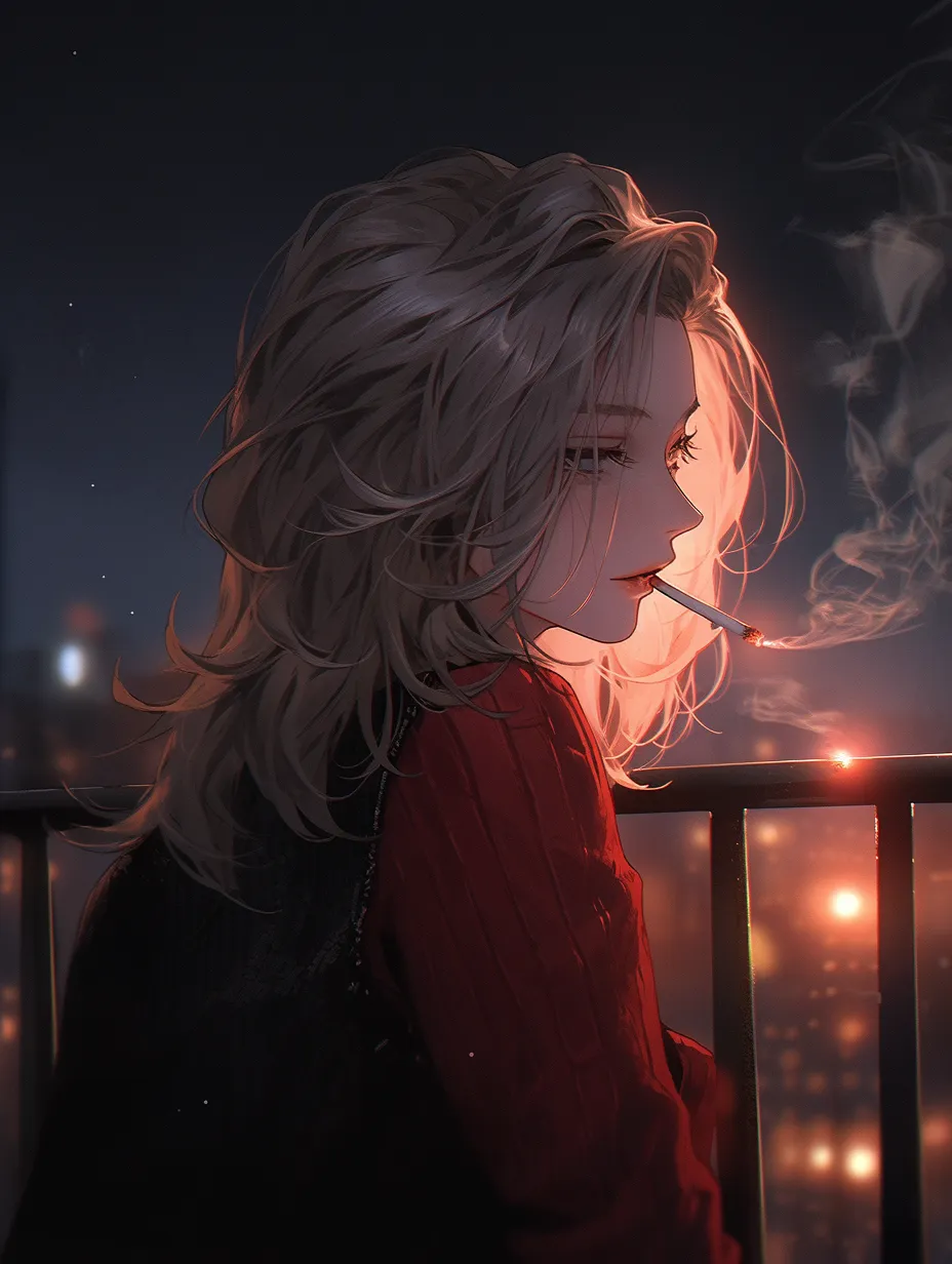 A beautiful girl sits on the rooftop in the evening, smoking. This close-up portrait captures her upper body, backlit in a warm red tone, rendered in a quick, high-quality painting style.