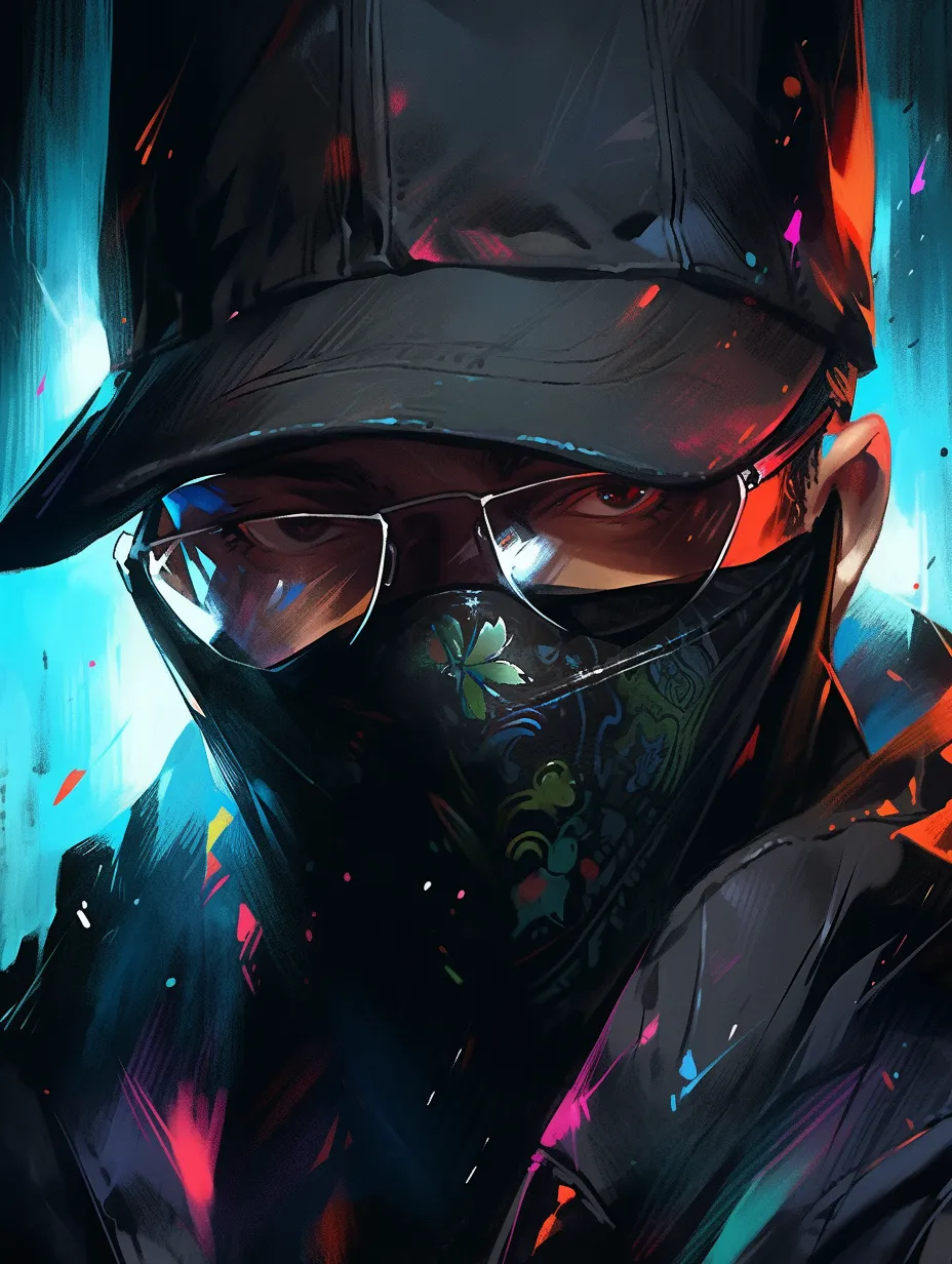 A male assassin, clad in a hat, is depicted in an extreme close-up with intense zoom. The artwork showcases splashes of oil paint and a vibrant cyberpunk color palette. His eyes are concealed by a black cloth, presented in a portrait format with swift brush strokes. The illustration style features bold color gradients in UHD quality, rendered in an acrylic painting technique with vivid hues and intricate details, facing the camera with a glossy finish.