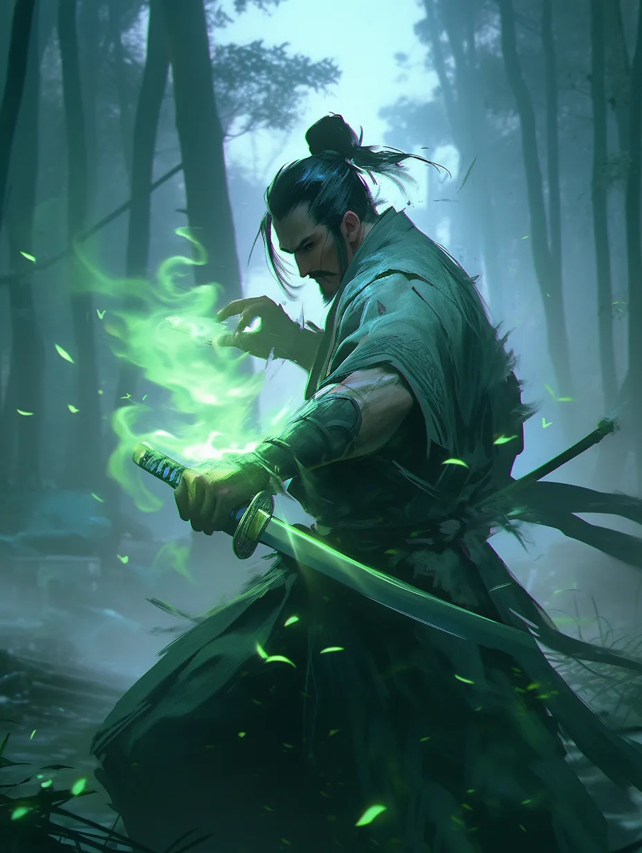 A strikingly handsome ancient man performs sword dances and martial arts moves in a bamboo forest. The scene is infused with a green ink wash style, seamlessly blending futuristic and holographic elements. Game-like lighting effects and soft illumination enhance the ambiance, presented in UHD with depth of field. The artwork embodies cyberpunk aesthetics with an oil painting texture, captured with a 100mm lens, showcasing rich details and high quality in 3D art.