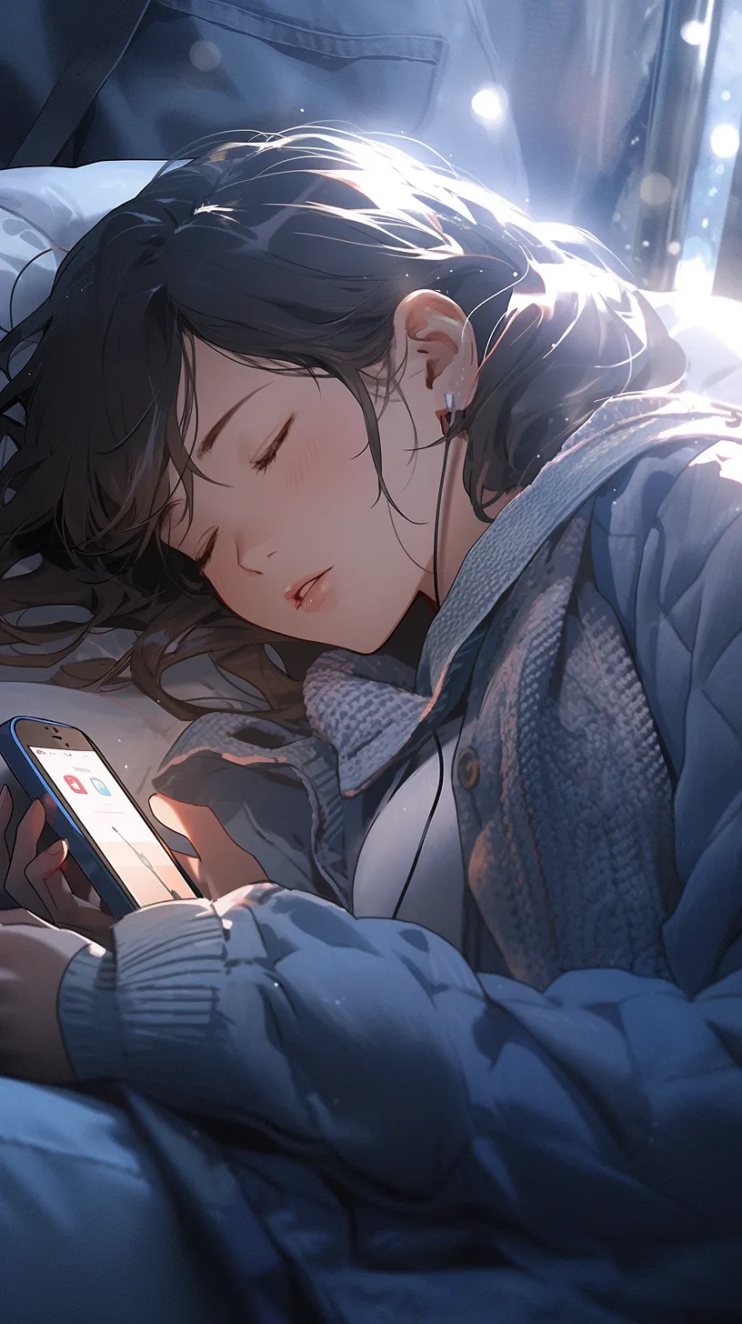 A beautiful girl from China lies in bed, sleeping with her phone in hand, eagerly awaiting messages late into the night.