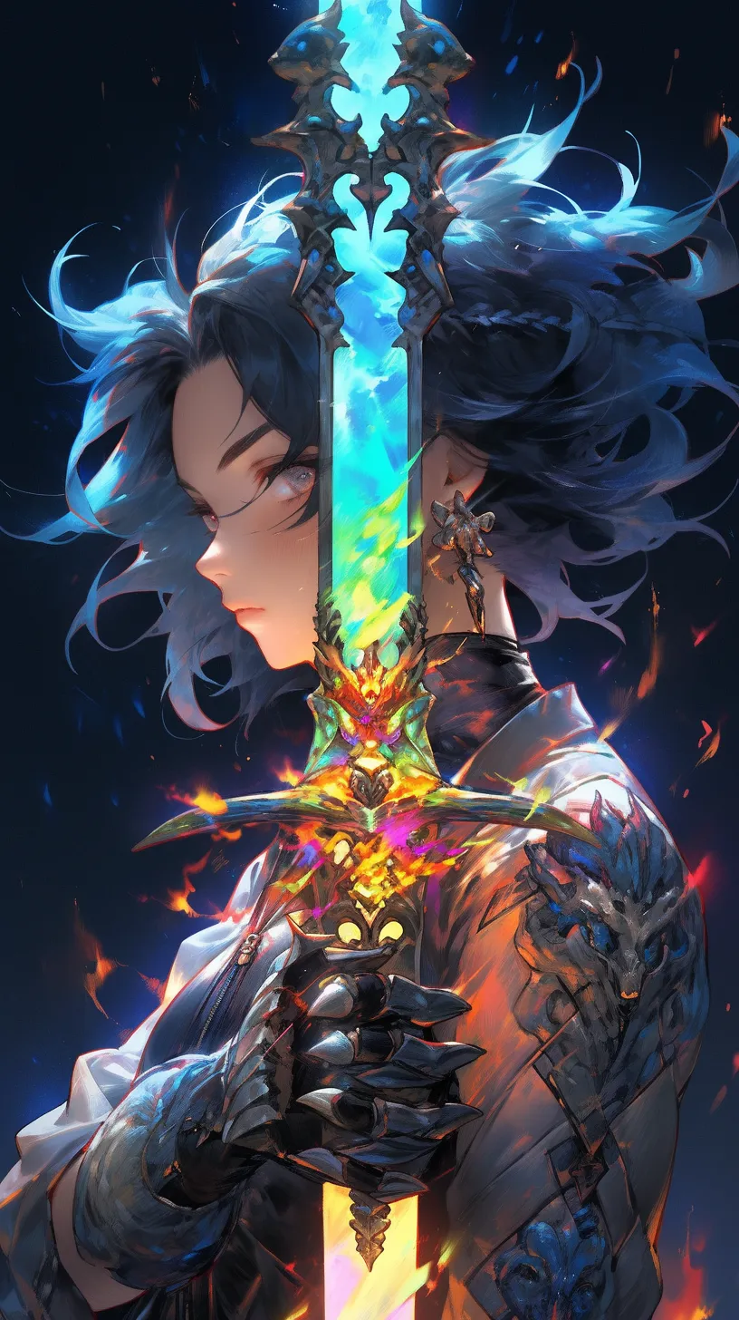 A stunning girl wielding a sword strikes a vertical pose towards the camera, showcasing a close-up of her upper body in a combat stance with martial arts movements. She is surrounded by glowing blue flames, creating a surrealistic, ultra-futuristic atmosphere infused with a sense of the future. The scene embodies cyberpunk elements, rendered in 3D with exquisite detail and high quality.