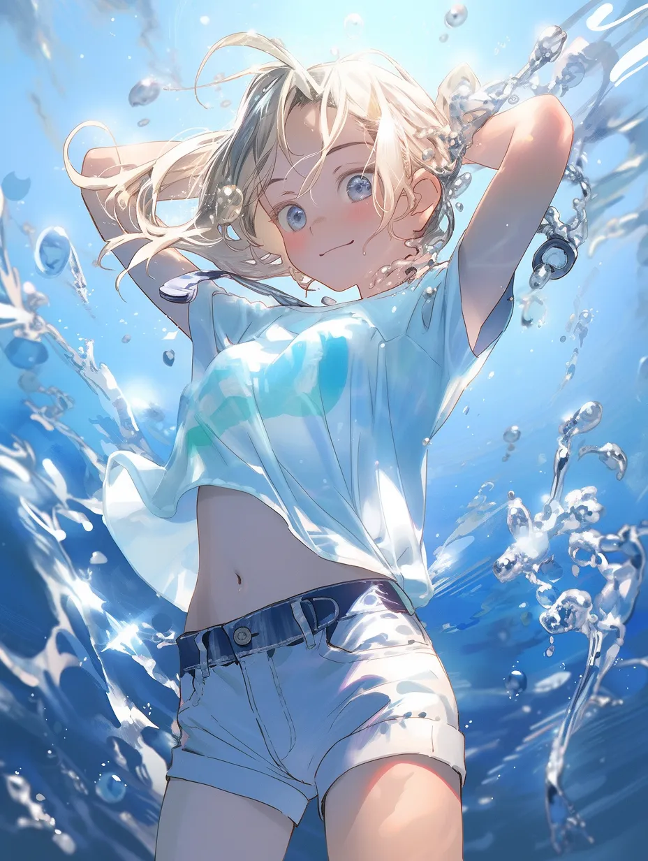 A stunning anime girl is playfully splashing in a tank filled with ice cubes, partially submerged in the water. She wears shorts and a T-shirt, illustrated in a vibrant anime style with a glossy finish. The scene showcases striking contrasts of light and shadow, a rich paint texture, rainbow reflections, and the Tyndall effect, all rendered in UHD for optimal image quality.