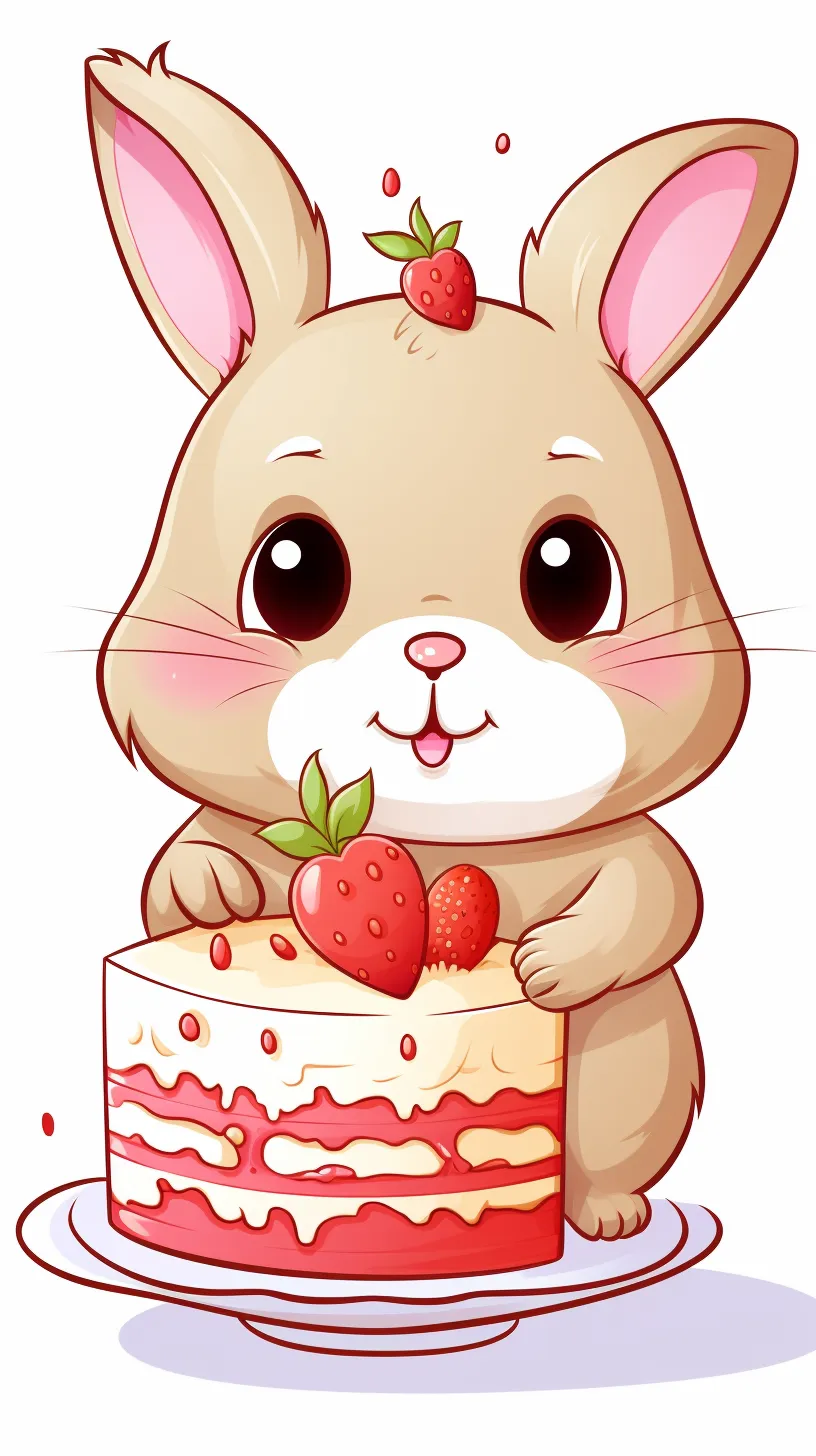 A cheerful chubby rabbit joyfully holding a cake, line art::2, bold lines, vector, on a white background.