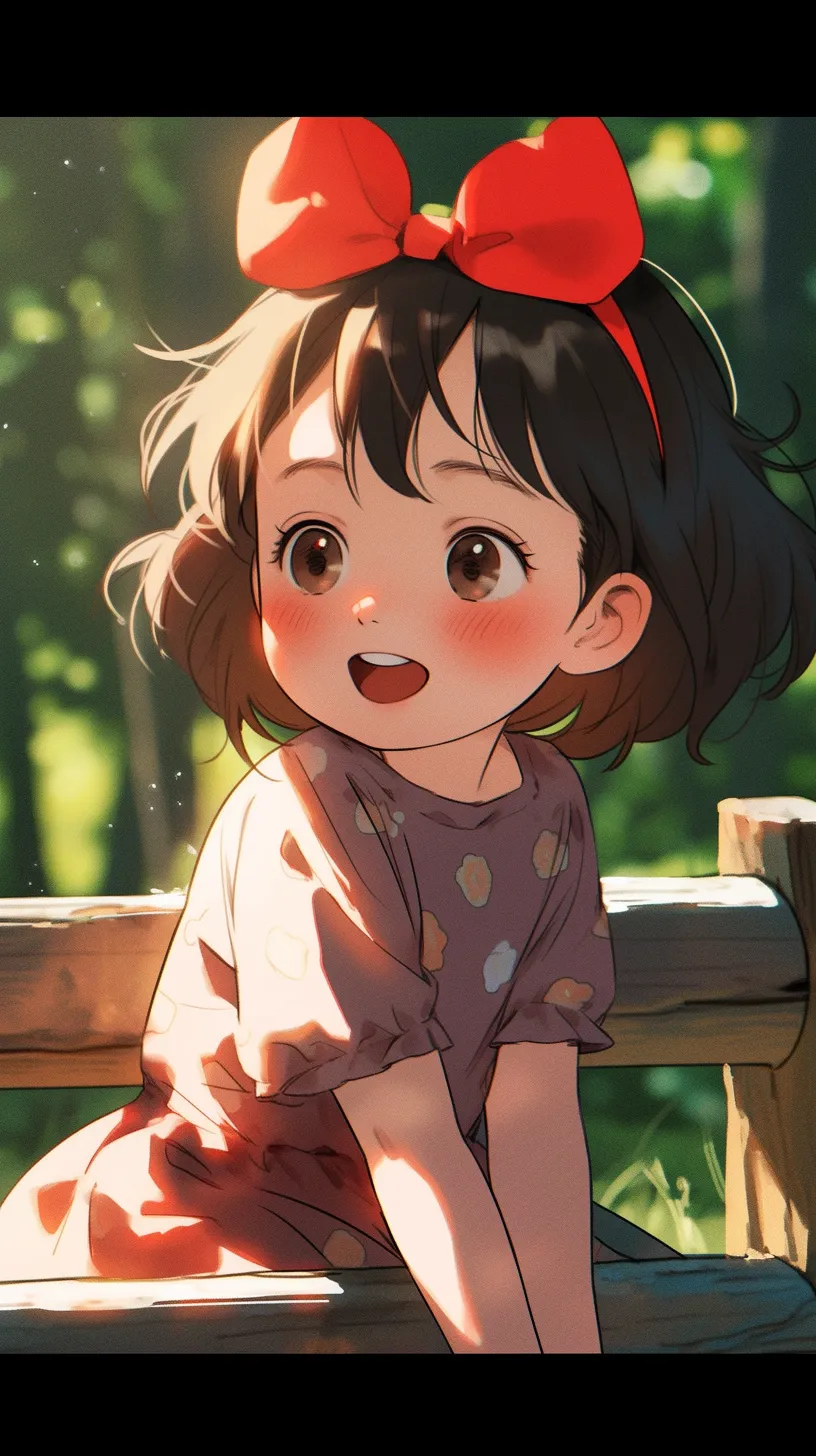 In a Studio Ghibli style, a young girl in overalls sits on a park bench. The scene is vibrant and luminous, exuding a bright, shiny quality in the morning light, reminiscent of a two-dimensional world.