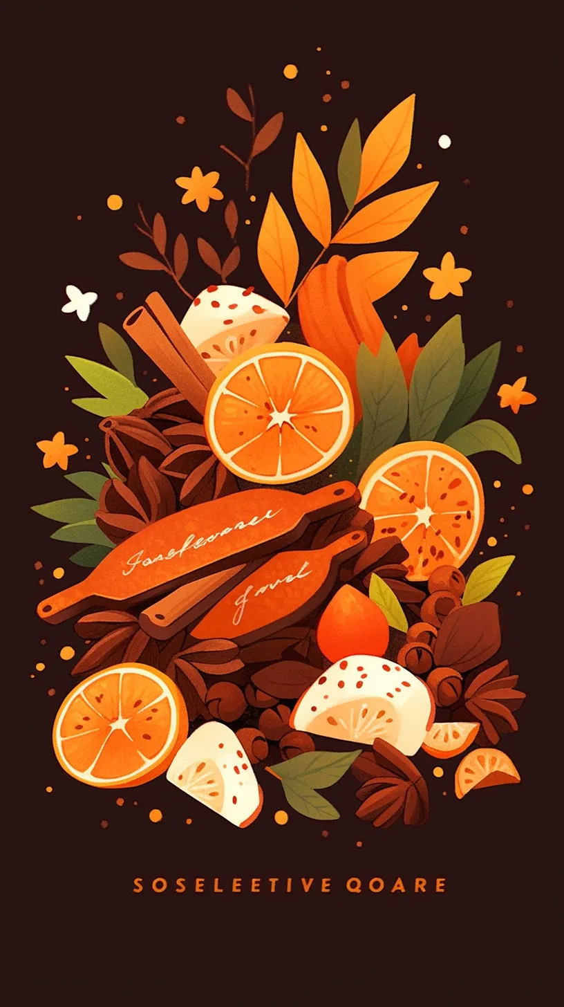 Oranges, spices, leaves, and gingerbread create a rich theme infused with vibrant colors, gradient shades, a flat style, minimalist illustrations, and ultra-high quality featuring exceptional detail.