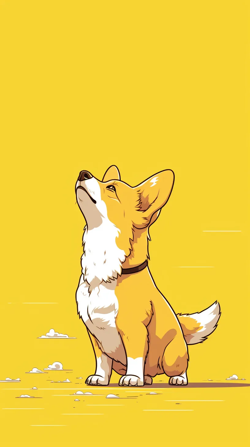 A side view of a Corgi looking upwards, rendered in a bold line illustration style. The flat, minimalist design is set against a vibrant yellow background, showcasing high quality and intricate details.