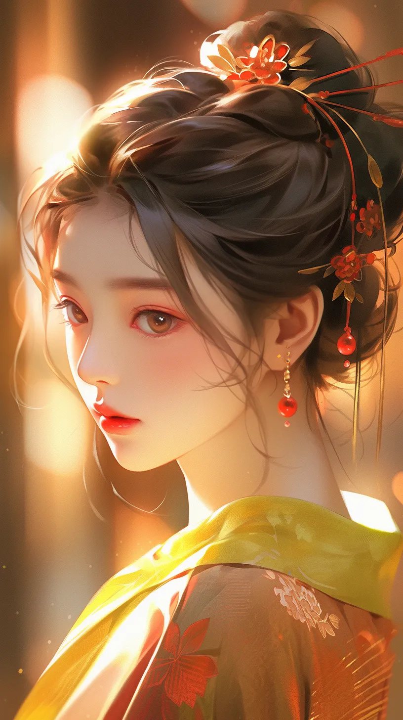 Digital painting, realism, beautiful girl with delicate, glossy skin and a fair complexion, wearing a yellow-green and red traditional Chinese dress. Posing for the camera with playful gestures, showcasing a realistic style and naturalism under natural lighting. The image features a radiant shine, sparkling details, and a glossy finish, rendered in UHD for the best quality and optimal image clarity.