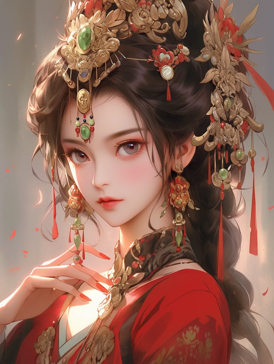 A classical illustration of a fox spirit girl presents a breathtakingly beautiful young woman adorned with exquisite earrings and a delicate headpiece. She wears a yellow-green and red Hanfu, embodying the 1980s national trend infused with Chinese aesthetics. The artwork highlights meticulous details, traditional Chinese style, minimalism, and classicism, characterized by smooth, flowing lines and a simple background. The image is bright and glossy, rendered in UHD for optimal quality.