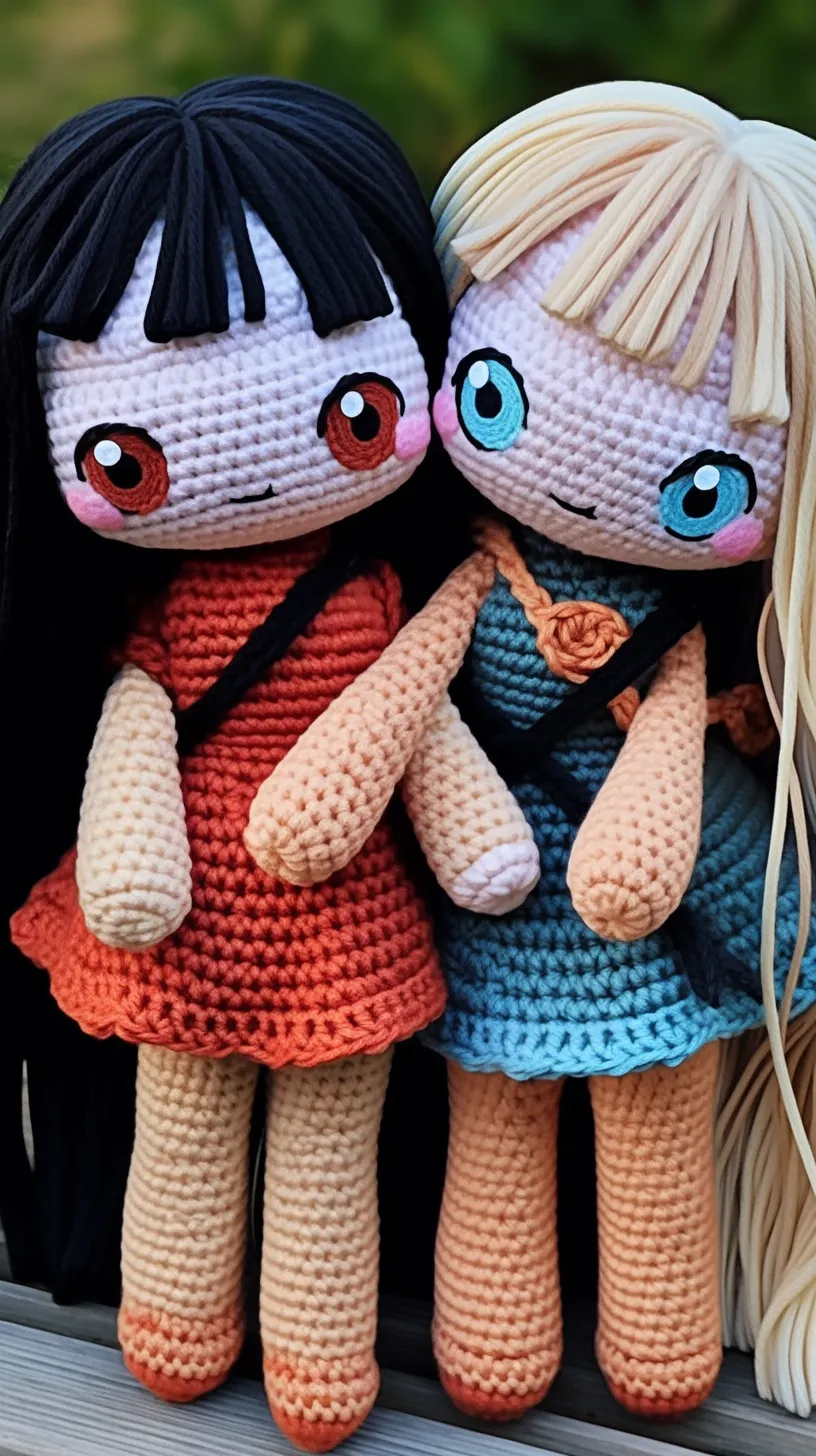 A hand holds two crocheted dolls in shades of light red and light navy, showcasing charming anime characters. They possess detailed facial expressions and romantic gestures, adorned with intricate details that are easily overlooked, in light navy and brown.