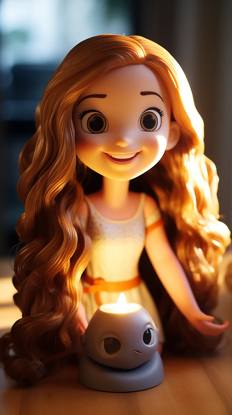 A beautiful smiling girl with long hair presents a mockup blind box toy in Disney style, inspired by Pixar and DreamWorks. Her clear facial features are prominently displayed in a frontal close-up, radiating a subtle sheen. The scene is enhanced by cinematic lighting, including rim and edge lighting.