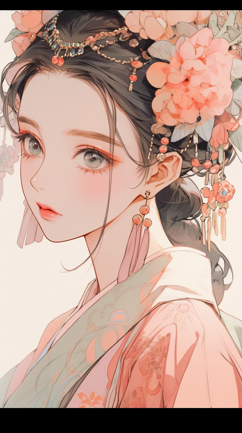 A sketch of a beautiful girl with exquisite eye makeup and lip color, an oval face, delicate earrings, and an intricate hairpiece. She is adorned in traditional Hanfu, illustrated in fine line art with a minimalist style reminiscent of Giorgio Morandi. The artwork showcases markers in shades of pink and green set against a simple gray background.