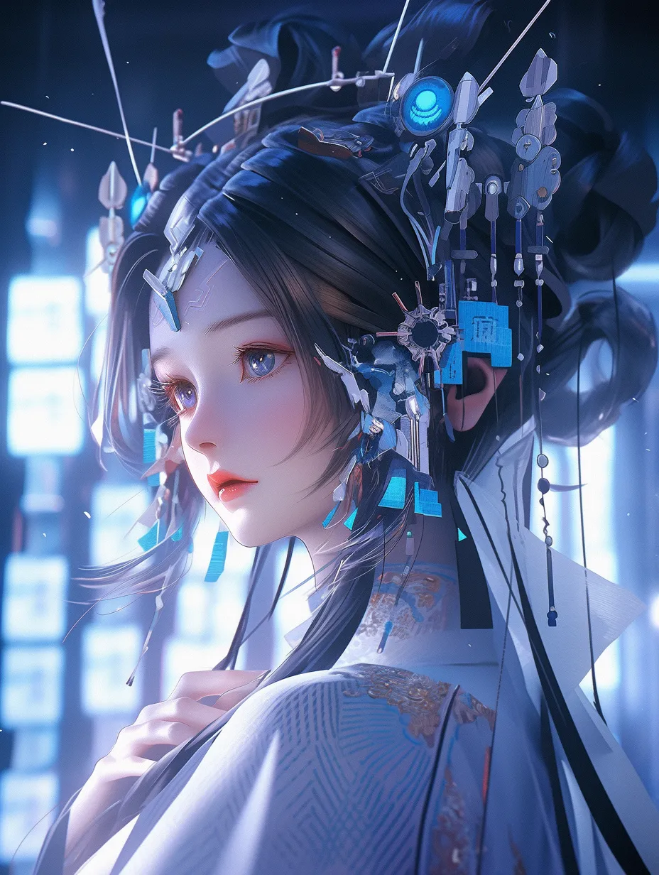 Hanfu beauty, cyberpunk aesthetic, stunning girl, holographic projection, technological illumination, neon glow, technological essence, futuristic vibe, futurism, hyper-realistic, ultra-realistic, intricate details, blue hues, Unreal Engine, 3D modeling, 3D rendering, UHD quality, top-notch craftsmanship.