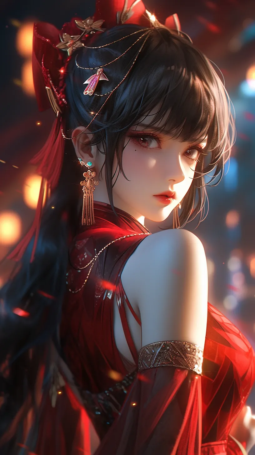 A stunning girl in a red Hanfu, embodying a cyberpunk aesthetic, with holographic projections and technological lighting. The scene is illuminated by neon glows, evoking a sense of futurism and advanced technology. The hyper-realistic and ultra-realistic details are intricate, as she faces the camera and engages the viewer. Created using Unreal Engine, this 3D rendering showcases UHD quality, featuring glossy, shining hair.