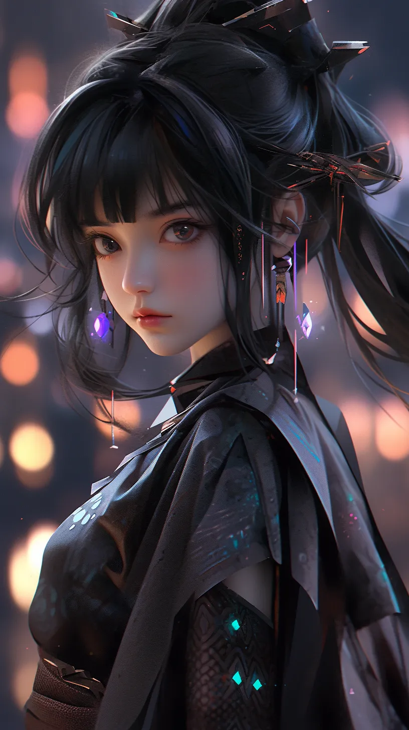 A beautiful girl in a black Hanfu, embodying a cyberpunk aesthetic, features a holographic projection and technological lighting with a neon glow. She exudes a sense of futurism and advanced technology, captured in hyper-realistic, ultra-realistic detail. Facing the camera and engaging the viewer, this image is brought to life through Unreal Engine, showcasing 3D rendering in UHD quality. Her glossy hair shines with brilliance.