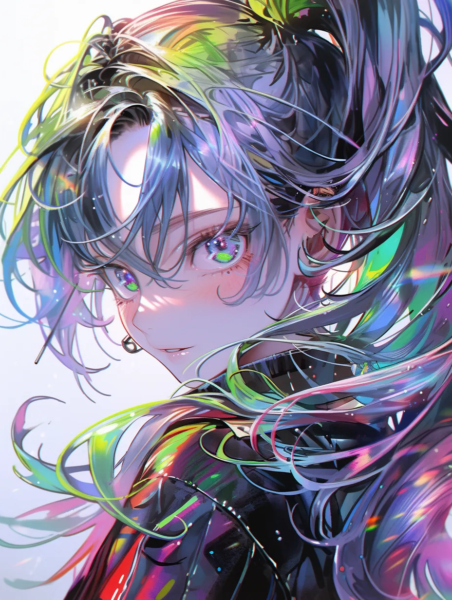 A breathtakingly beautiful girl performs a solo, her long, rainbow-colored hair flowing in a watercolor style. She dons a neon outfit that is holographic and shimmering, boasting a glossy finish. The image is presented in 32K UHD resolution, featuring a comic book style rich in detail, showcasing the highest quality with an expressive artistic flair.