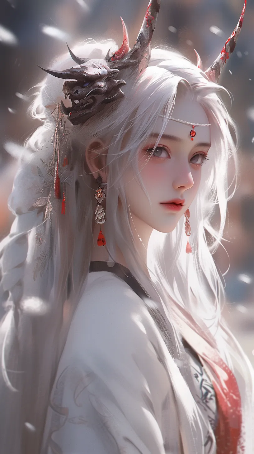 A stunning girl dressed in ancient attire faces the camera in a close-up shot. She has long white hair and a pair of dragon horns atop her head. Her makeup is exquisite, highlighting her delicate features, red lips resembling cherries, and a blush on her cheeks. She is adorned with a necklace and earrings. This artwork is a meticulously crafted painting, a flat illustration that embodies Chinese classicism and traditionalism, set against a vibrant vermilion background. The character illustration is a portrait close-up from the Tang Dynasty, showcasing minimalism, confidence, and geometric shapes.