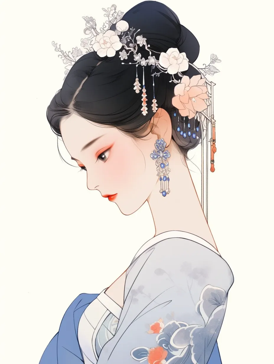 A stunningly exquisite young girl from the Tang Dynasty in China, with rosy cheeks, playing the pipa. Depicted in full body with meticulous detail, this flat illustration embodies traditional Chinese minimalism and features classical Chinese character representation and elements of Peking opera, all in high quality.