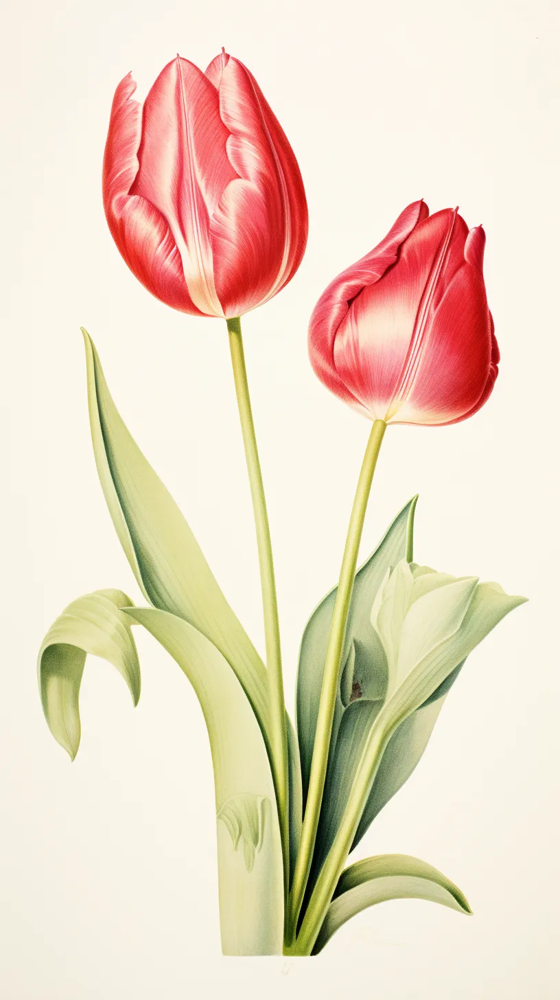 A botanical illustration showcasing various types of tulips set against a white background, inspired by the style of Pierre-Joseph Redouté.