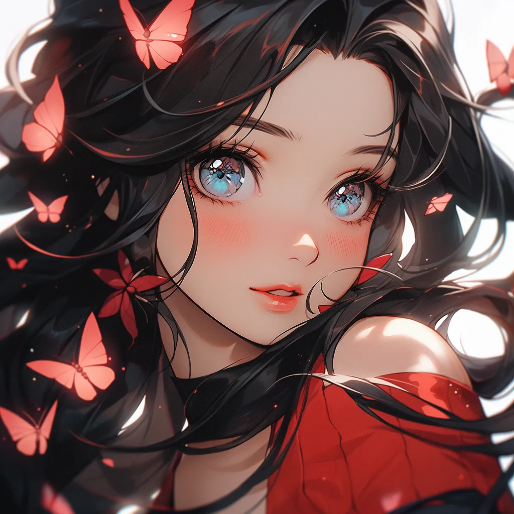 A stunning anime girl with large, radiant eyes, flowing black hair, a red butterfly hairband, and a touch of blush on her cheeks.