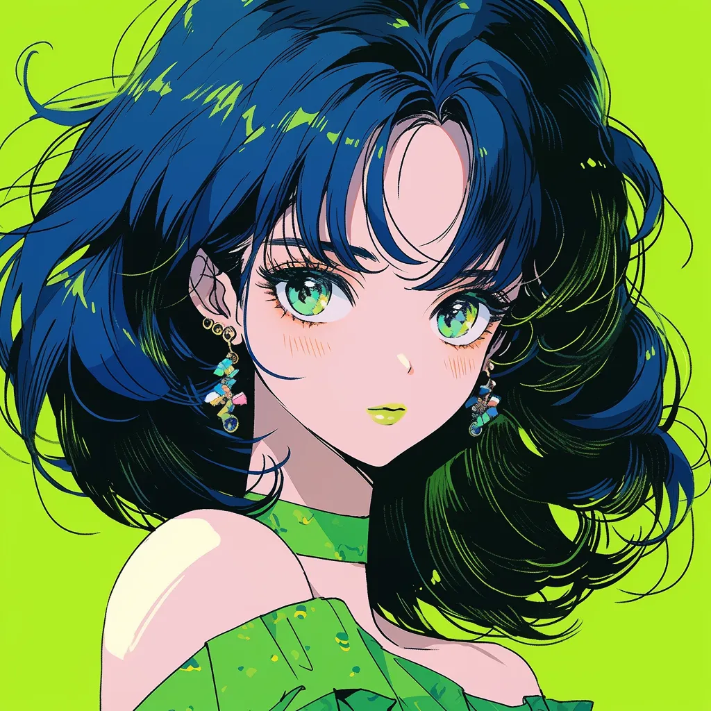 A girl with deep blue hair and bangs, adorned with exquisite makeup and striking facial features, repeatedly showcases a green style with sharp elements. The illustration features a screen tone against a yellow background, radiating a sense of liveliness.