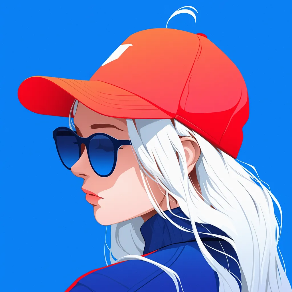 A close-up portrait of a beautiful girl with white hair, wearing sunglasses and a baseball cap, set against a Klein blue background.