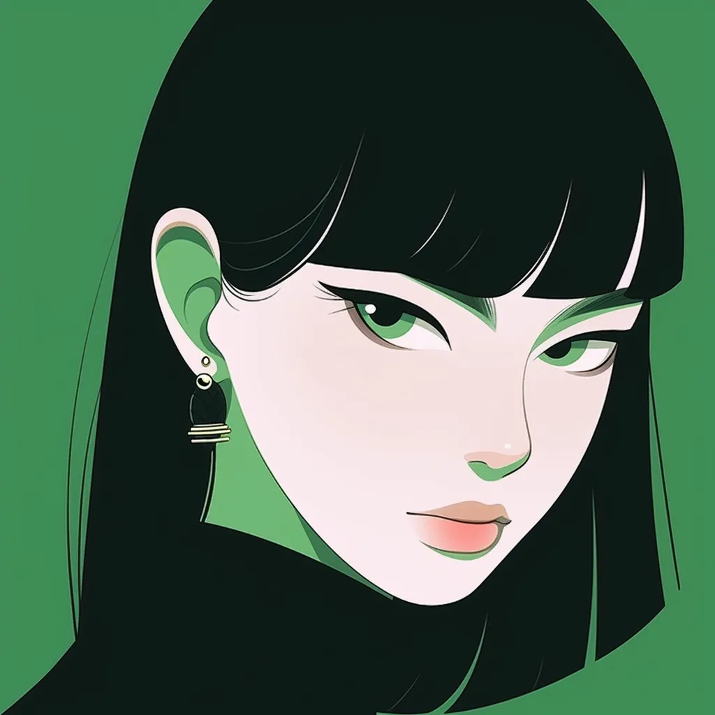 A striking modern Chinese girl with long, straight black hair and blunt bangs, adorned with green earrings and captivating green eyes. She gazes directly at the audience in a close-up portrait, highlighting her upper body against a rich green background.