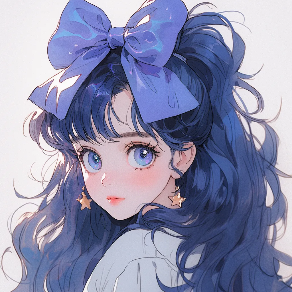 A beautiful girl with a blue bow in her hair and bright, large eyes.