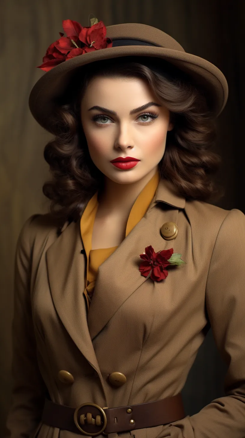 The model is adorned in vintage clothing and accessories, set against a backdrop that evokes a sense of nostalgia, fashion photography, and sophisticated aesthetics.