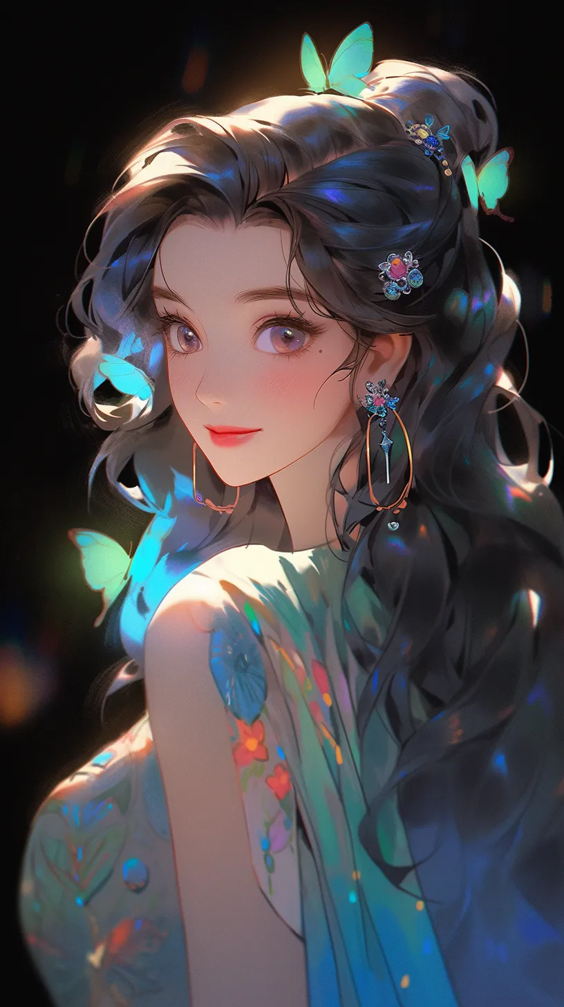 A beautiful girl, a princess, glances back, stunning, adorned with enchanting decorations.