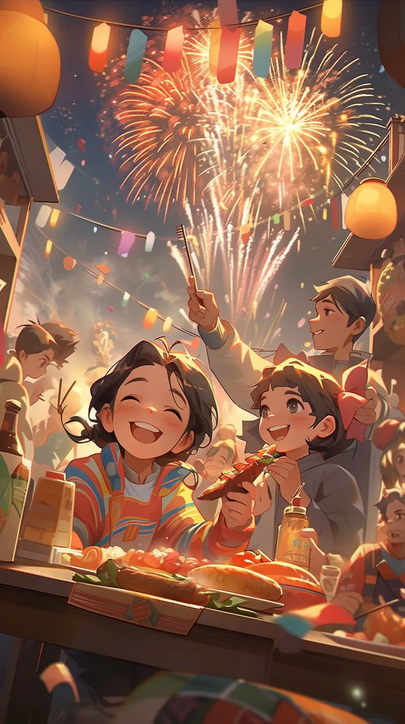 A New Year's Day poster background showcasing dazzling fireworks, along with elements like firecrackers, family reunions, festive family dinners, gift boxes, and a warm, inviting atmosphere.