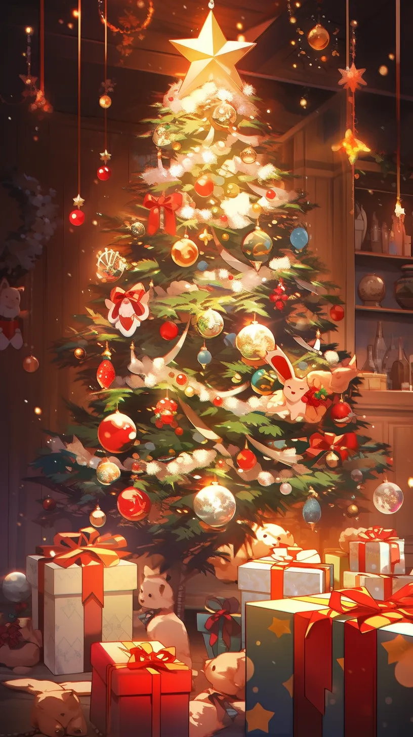 A Christmas poster showcasing a beautifully decorated Christmas tree, adorned with lights, ornaments, stars, gifts, and candies, set against a snowy backdrop in vibrant red and green, evoking the warmth of family togetherness.