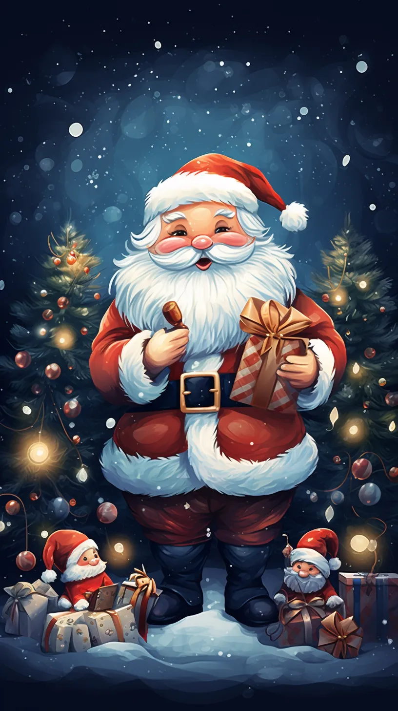 Poster design featuring an illustration of Santa Claus holding gifts, set against a festive Christmas background with a beautifully decorated Christmas tree.